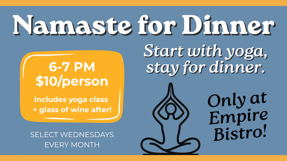 Blue and gold Namaste for Dinner yoga event artwork