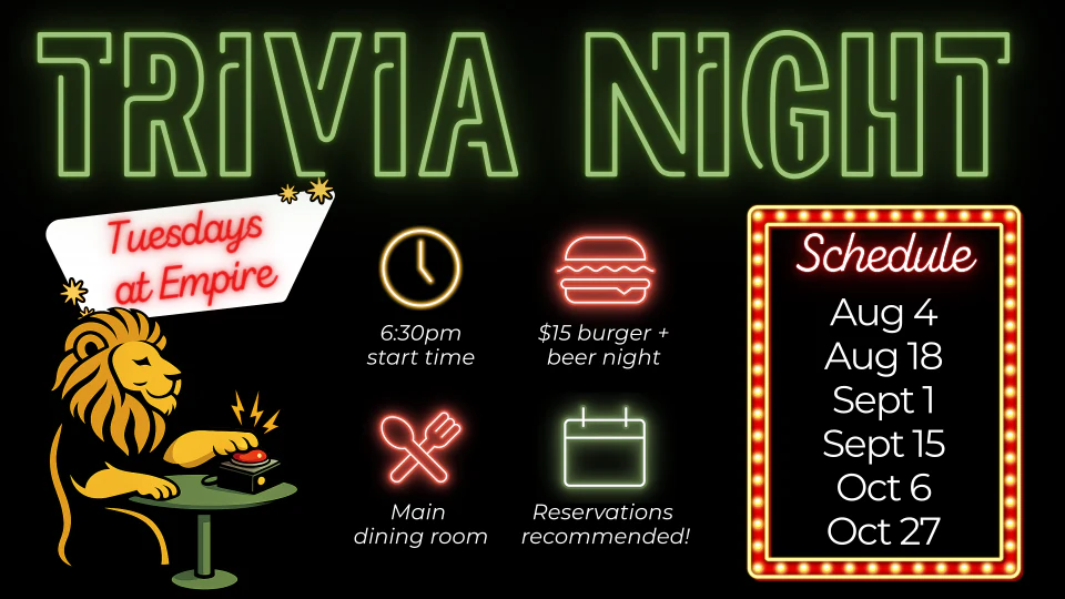 Tuesday Night Trivia event artwork from The Empire Bistro